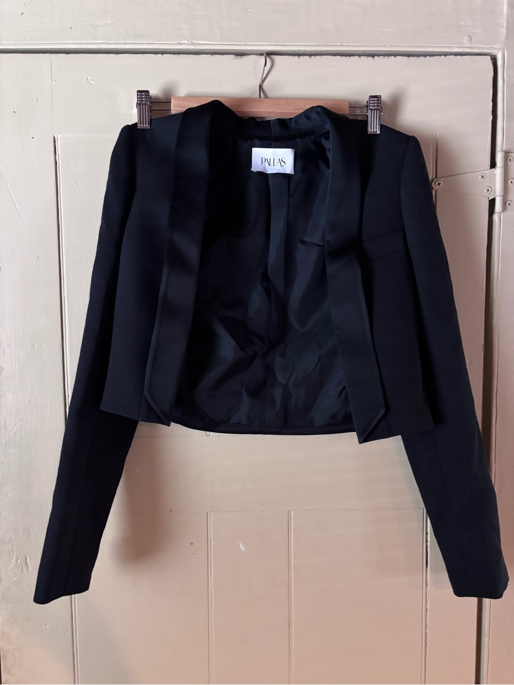 Vintage Women's Black Cropped Blazer Jacket - Open Front Satin Trim